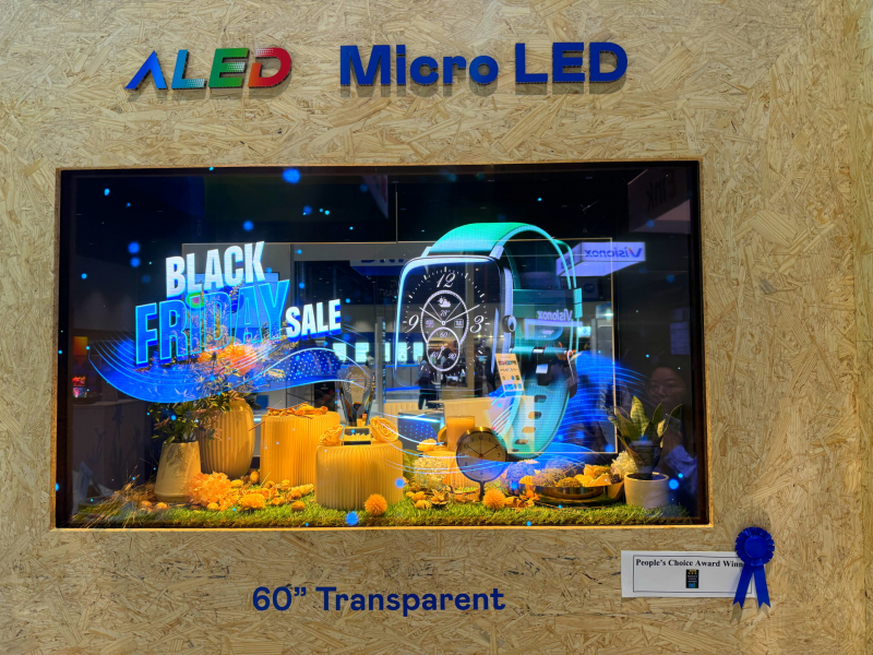 友達60吋高透明度Micro LED顯示器獲「最佳Micro LED技術應用獎」，將Micro LED面板透明化之設計特性極致發揮，以可擴展性無縫拼接技術打造，具備600 nits全畫面亮度、大於60%穿透率及超過NTSC 110%的優異廣色域表現，可依需求靈活應用於各種場域